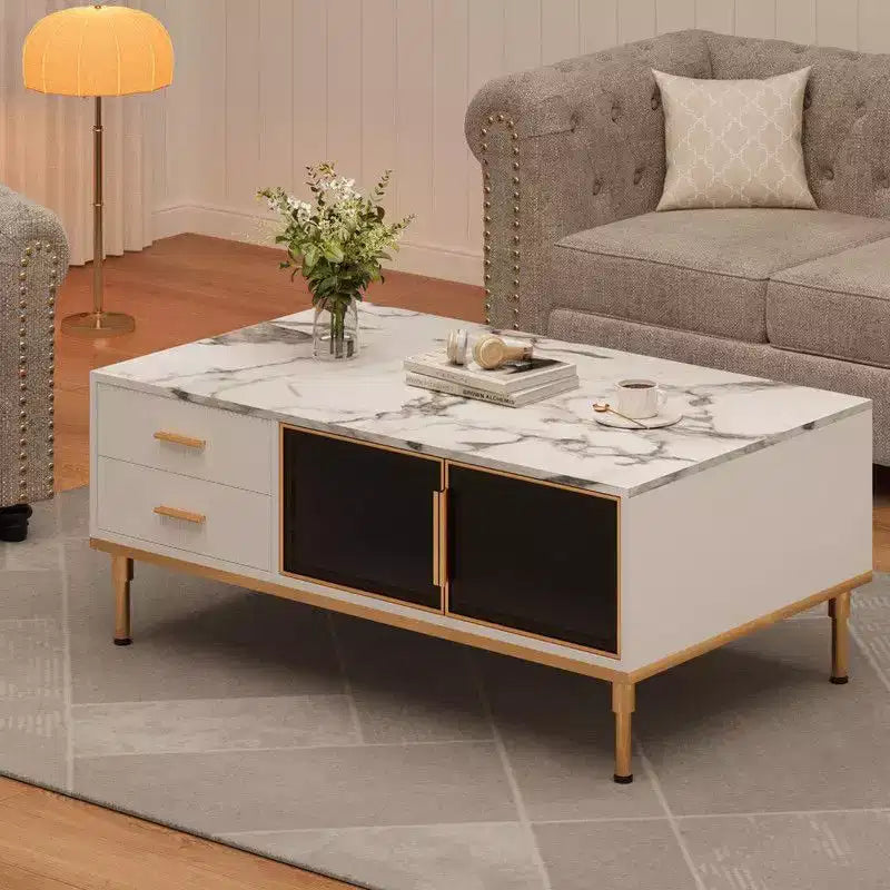 Tavolino Grande da Salotto, Piano in Finto Marmo con 4 Cassetti e Ante in Vetro, Design con Pannello Scanalato, Scomparto Nascosto e Ripiano Portaoggetti