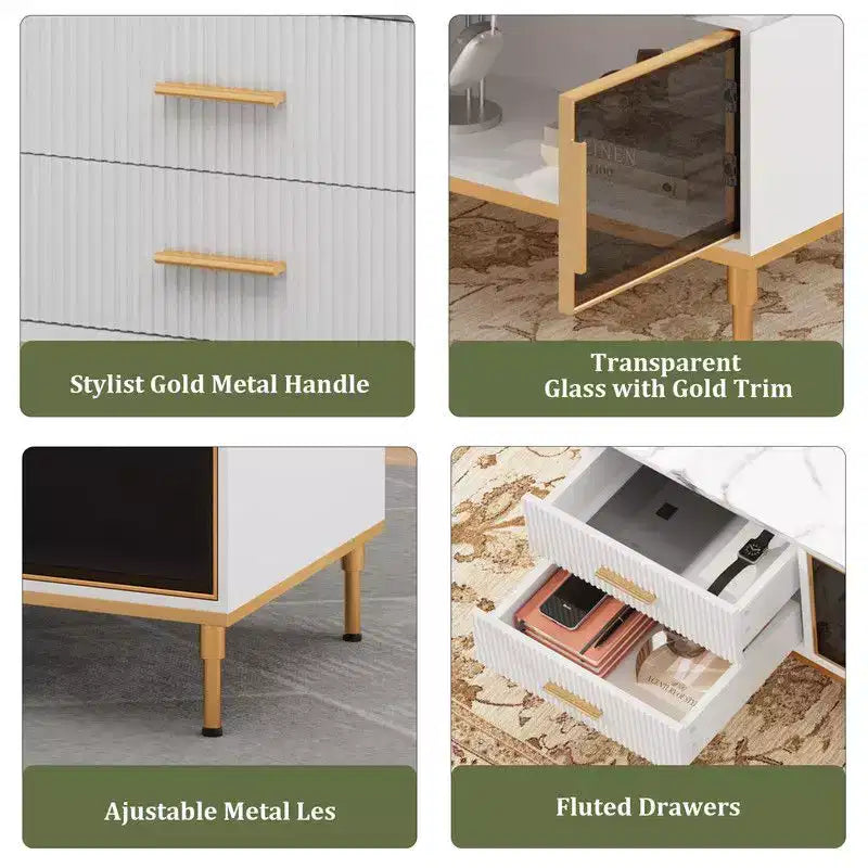 Tavolino Grande da Salotto, Piano in Finto Marmo con 4 Cassetti e Ante in Vetro, Design con Pannello Scanalato, Scomparto Nascosto e Ripiano Portaoggetti