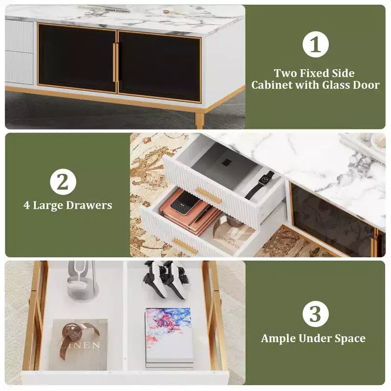 Tavolino Grande da Salotto, Piano in Finto Marmo con 4 Cassetti e Ante in Vetro, Design con Pannello Scanalato, Scomparto Nascosto e Ripiano Portaoggetti