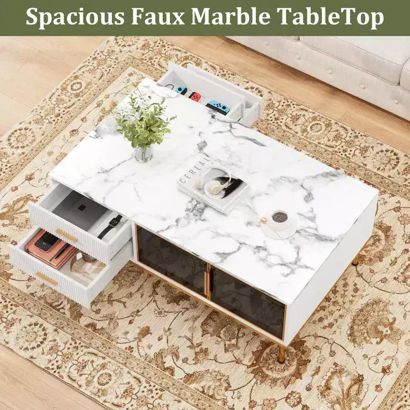 Tavolino Grande da Salotto, Piano in Finto Marmo con 4 Cassetti e Ante in Vetro, Design con Pannello Scanalato, Scomparto Nascosto e Ripiano Portaoggetti