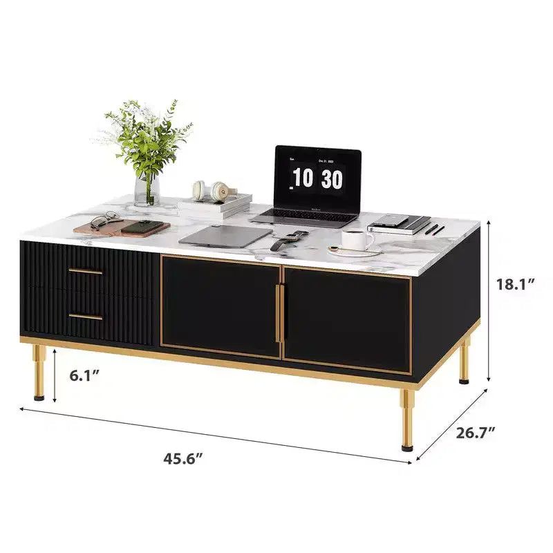 Tavolino Grande da Salotto, Piano in Finto Marmo con 4 Cassetti e Ante in Vetro, Design con Pannello Scanalato, Scomparto Nascosto e Ripiano Portaoggetti