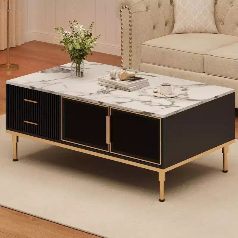 Tavolino Grande da Salotto, Piano in Finto Marmo con 4 Cassetti e Ante in Vetro, Design con Pannello Scanalato, Scomparto Nascosto e Ripiano Portaoggetti