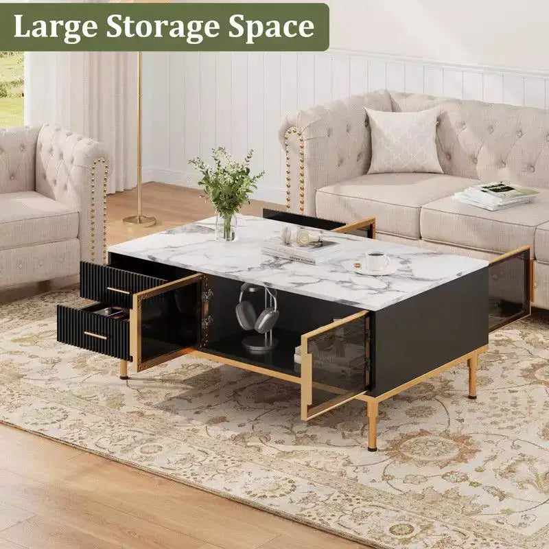 Tavolino Grande da Salotto, Piano in Finto Marmo con 4 Cassetti e Ante in Vetro, Design con Pannello Scanalato, Scomparto Nascosto e Ripiano Portaoggetti