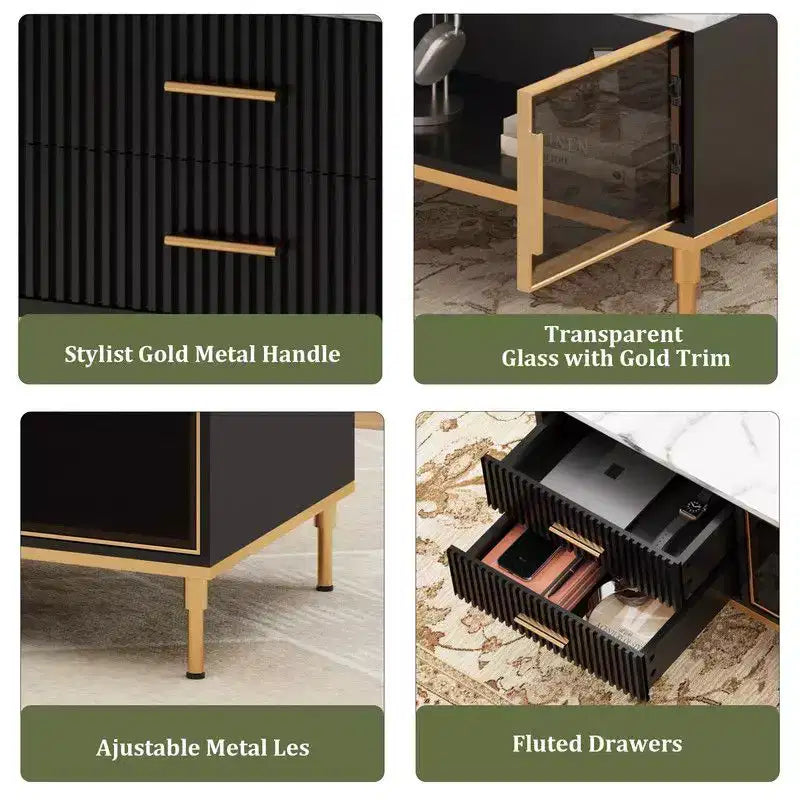 Tavolino Grande da Salotto, Piano in Finto Marmo con 4 Cassetti e Ante in Vetro, Design con Pannello Scanalato, Scomparto Nascosto e Ripiano Portaoggetti