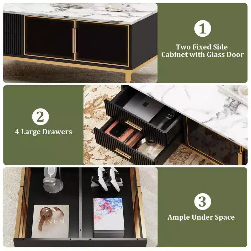Tavolino Grande da Salotto, Piano in Finto Marmo con 4 Cassetti e Ante in Vetro, Design con Pannello Scanalato, Scomparto Nascosto e Ripiano Portaoggetti