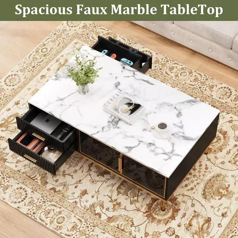 Tavolino Grande da Salotto, Piano in Finto Marmo con 4 Cassetti e Ante in Vetro, Design con Pannello Scanalato, Scomparto Nascosto e Ripiano Portaoggetti