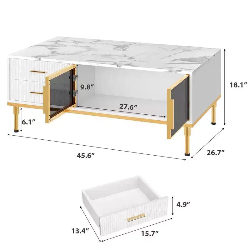 Tavolino Grande da Salotto, Piano in Finto Marmo con 4 Cassetti e Ante in Vetro, Design con Pannello Scanalato, Scomparto Nascosto e Ripiano Portaoggetti