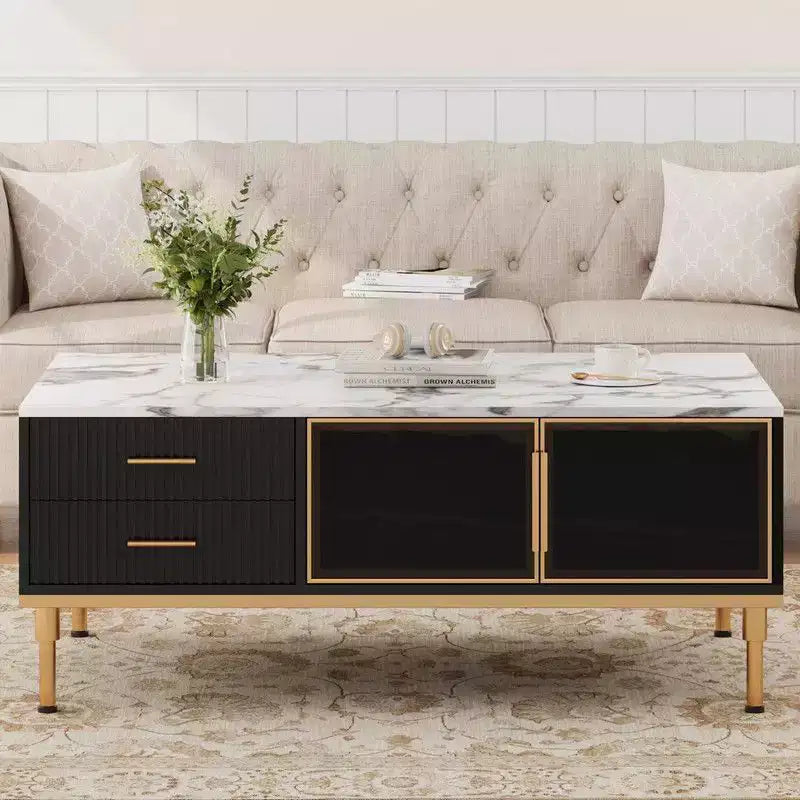 Coolmee Large Coffee Table for Living Room, Faux Marble Top with 4 Drawers & Glass Doors, Fluted Panel Design, Hidden Compartment and Storage Shelf