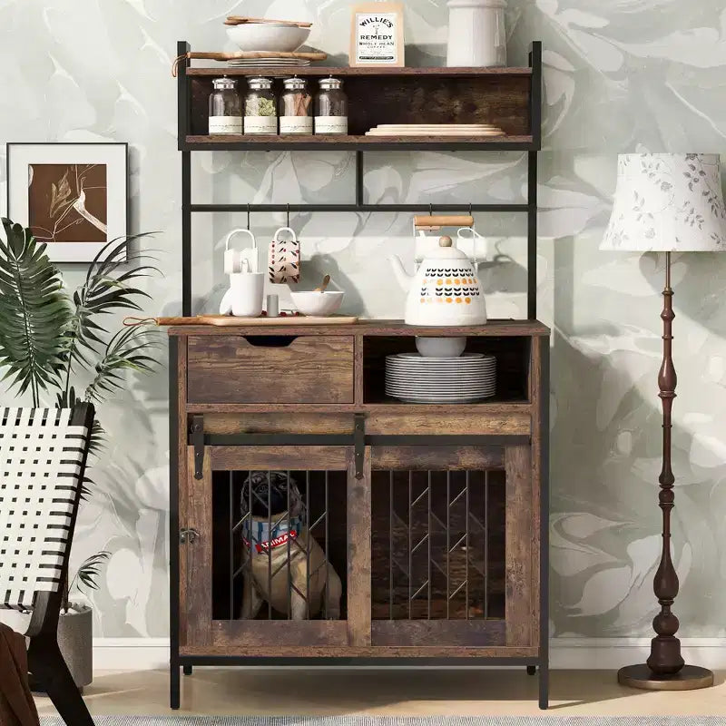 Mobile Contenitore Indipendente 2 in 1 con Credenza e Cucina, Gabbia per Cani, Kennel per Cani di Piccola Taglia fino a 18 kg, Marrone Rustico - ModernLuxe