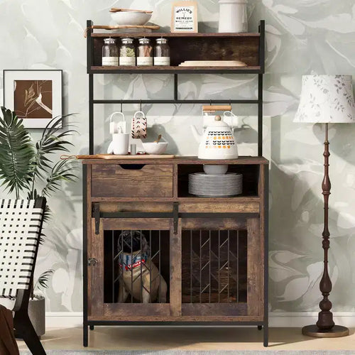 Mobile Contenitore Indipendente 2 in 1 con Credenza e Cucina, Gabbia per Cani, Kennel per Cani di Piccola Taglia fino a 18 kg, Marrone Rustico - ModernLuxe