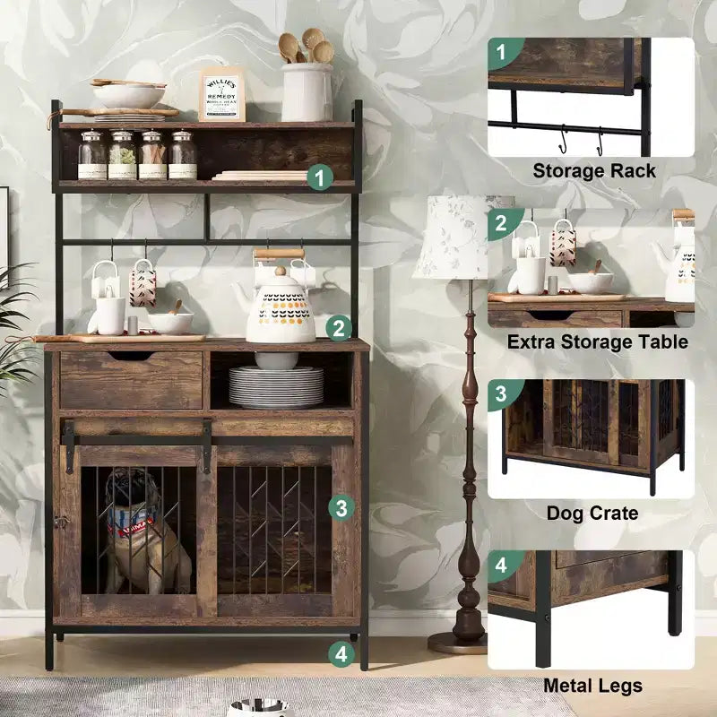 Mobile Contenitore Indipendente 2 in 1 con Credenza e Cucina, Gabbia per Cani, Kennel per Cani di Piccola Taglia fino a 18 kg, Marrone Rustico - ModernLuxe