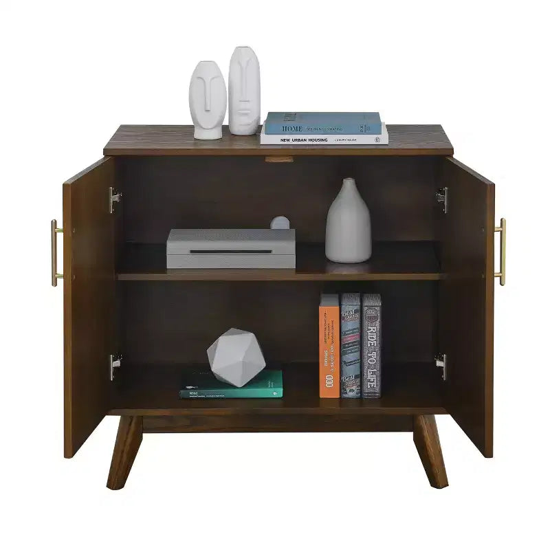 Mobile Contenitore in Legno con Ante Doppie e Piedini Mid-Century, Marrone