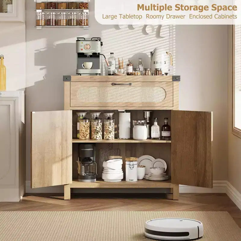 Credenza Buffet con Cassetto, Mobile Contenitore Stile Fattoria/Boho con Mobile Bar per Sala da Pranzo, Salotto, Ingresso, Naturale