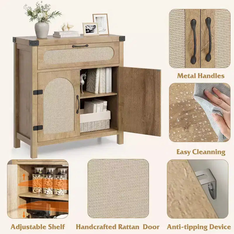 Credenza Buffet con Cassetto, Mobile Contenitore Stile Fattoria/Boho con Mobile Bar per Sala da Pranzo, Salotto, Ingresso, Naturale