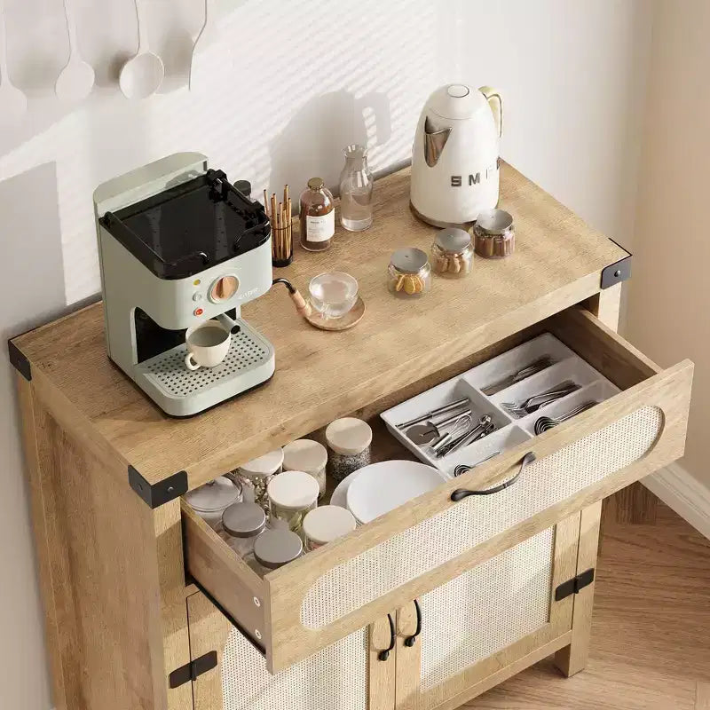 Credenza Buffet con Cassetto, Mobile Contenitore Stile Fattoria/Boho con Mobile Bar per Sala da Pranzo, Salotto, Ingresso, Naturale