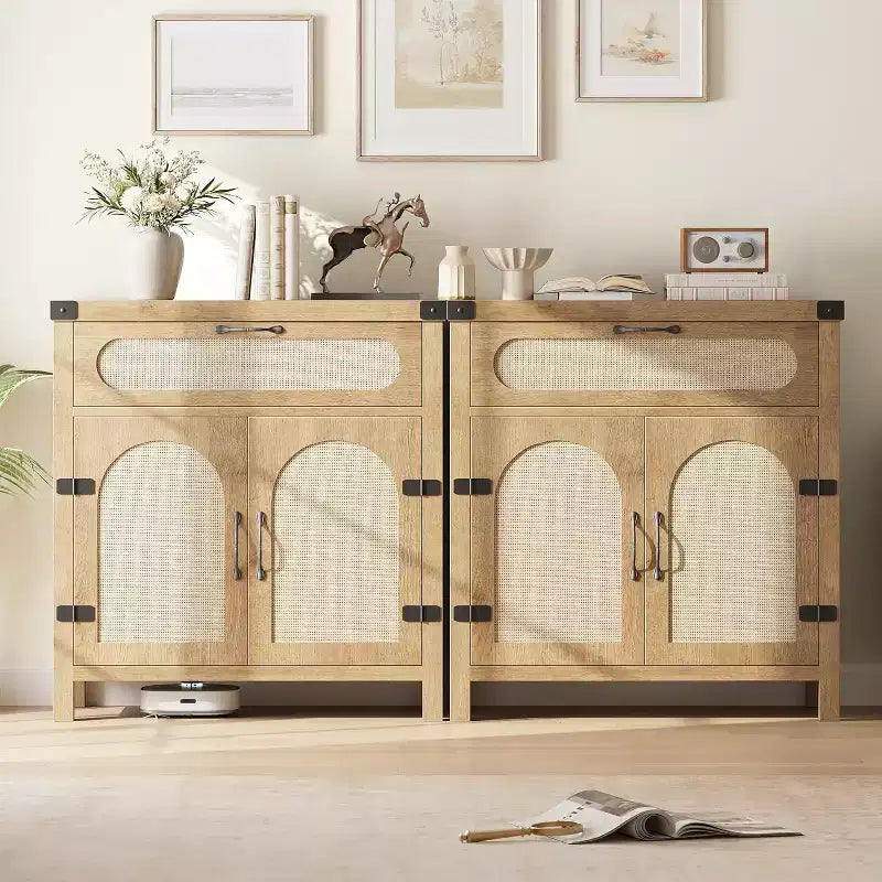 Credenza Buffet con Cassetto, Mobile Contenitore Stile Fattoria/Boho con Mobile Bar per Sala da Pranzo, Salotto, Ingresso, Naturale