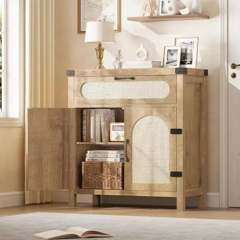 Credenza Buffet con Cassetto, Mobile Contenitore Stile Fattoria/Boho con Mobile Bar per Sala da Pranzo, Salotto, Ingresso, Naturale