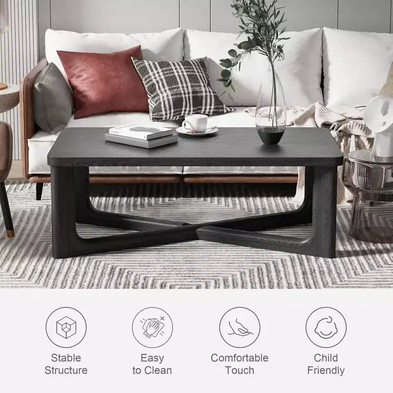 50 tavolino da caffè moderno rettangolare in legno massello stile rustico con gambe incrociate robuste, tavolino centrale per casa, ufficio, soggiorno, nero