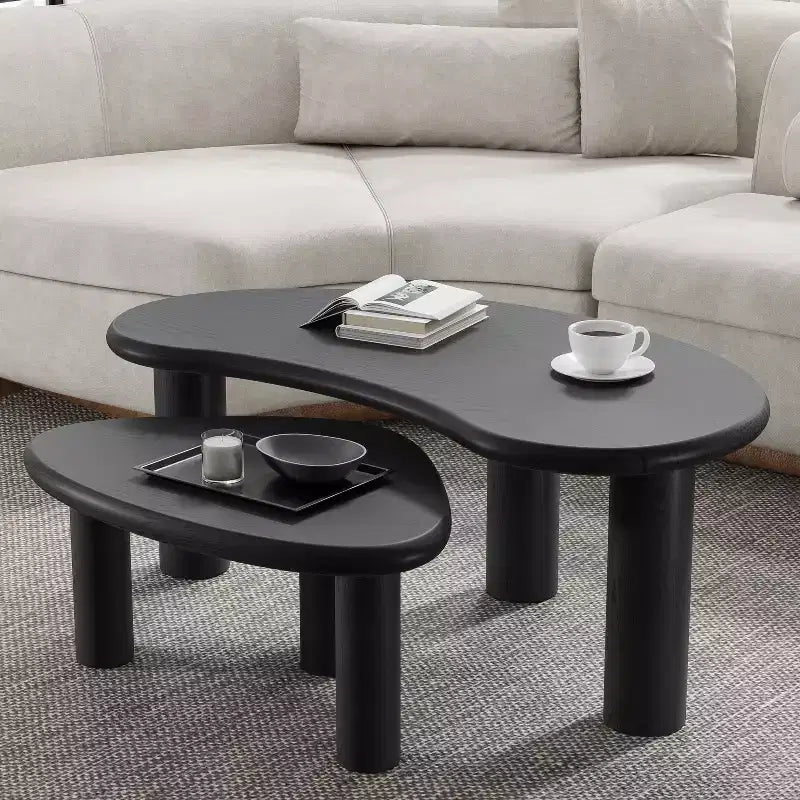 PexFix 34 Modern Black Nested Coffee Tables Set 2-Piece Irregular Organic Shaped Solid Wood Accent Tables for Home Office Living Room & Bedroom