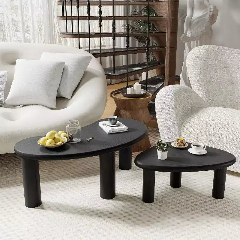 34 Moderni Tavolini da Caffè Neri Nidificati Set 2 Pezzi Tavolini Laterali in Legno Massello dalla Forma Irregolare Organica per Soggiorno, Camera da Letto e Ufficio