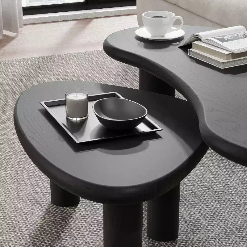 34 Moderni Tavolini da Caffè Neri Nidificati Set 2 Pezzi Tavolini Laterali in Legno Massello dalla Forma Irregolare Organica per Soggiorno, Camera da Letto e Ufficio