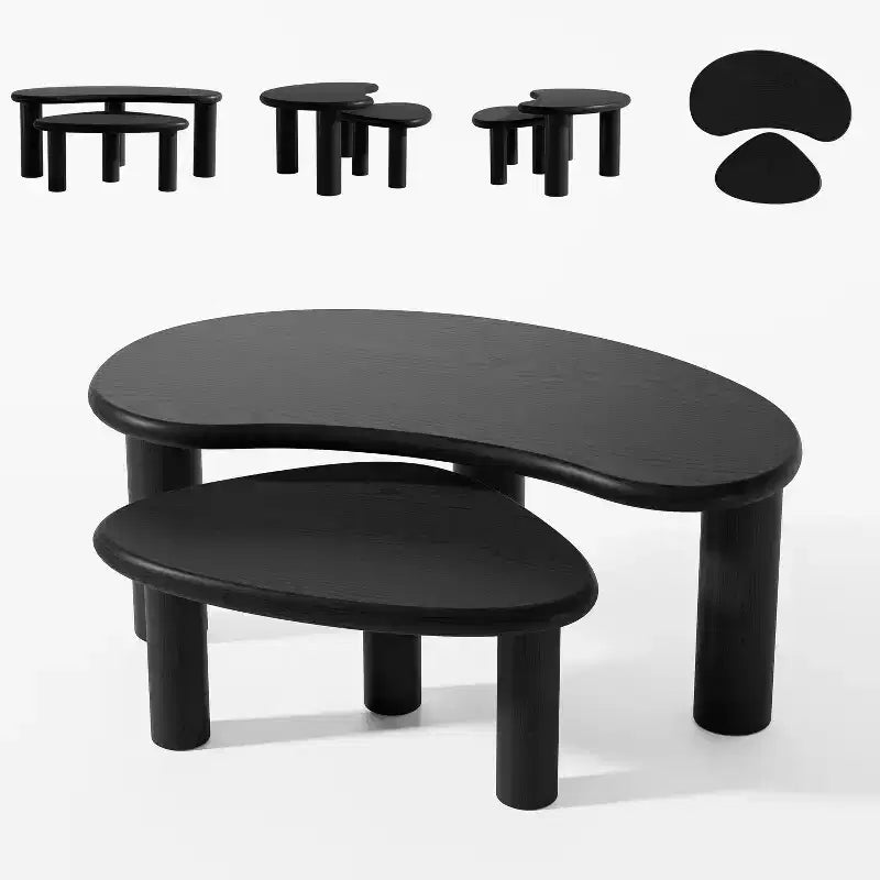 34 Moderni Tavolini da Caffè Neri Nidificati Set 2 Pezzi Tavolini Laterali in Legno Massello dalla Forma Irregolare Organica per Soggiorno, Camera da Letto e Ufficio