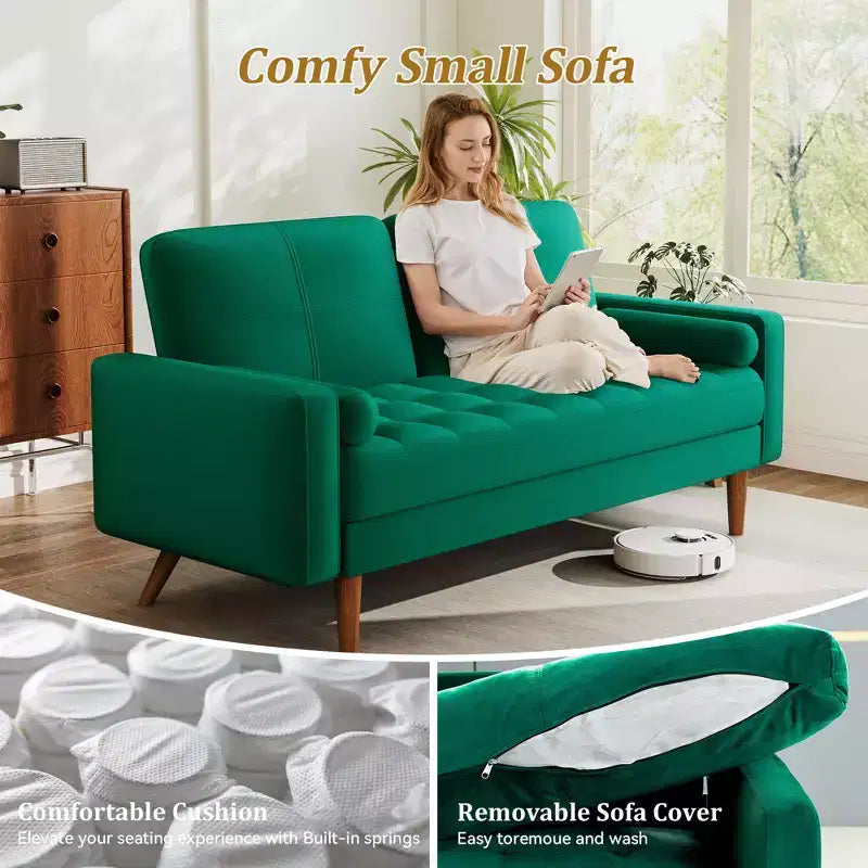 Divano 2 posti in velluto 67, divano moderno di metà secolo con gambe in legno massello beige
