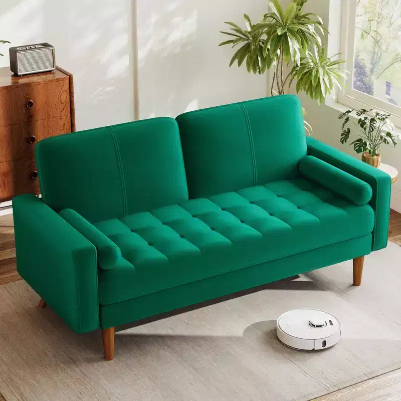 Divano 2 posti in velluto 67, divano moderno di metà secolo con gambe in legno massello beige