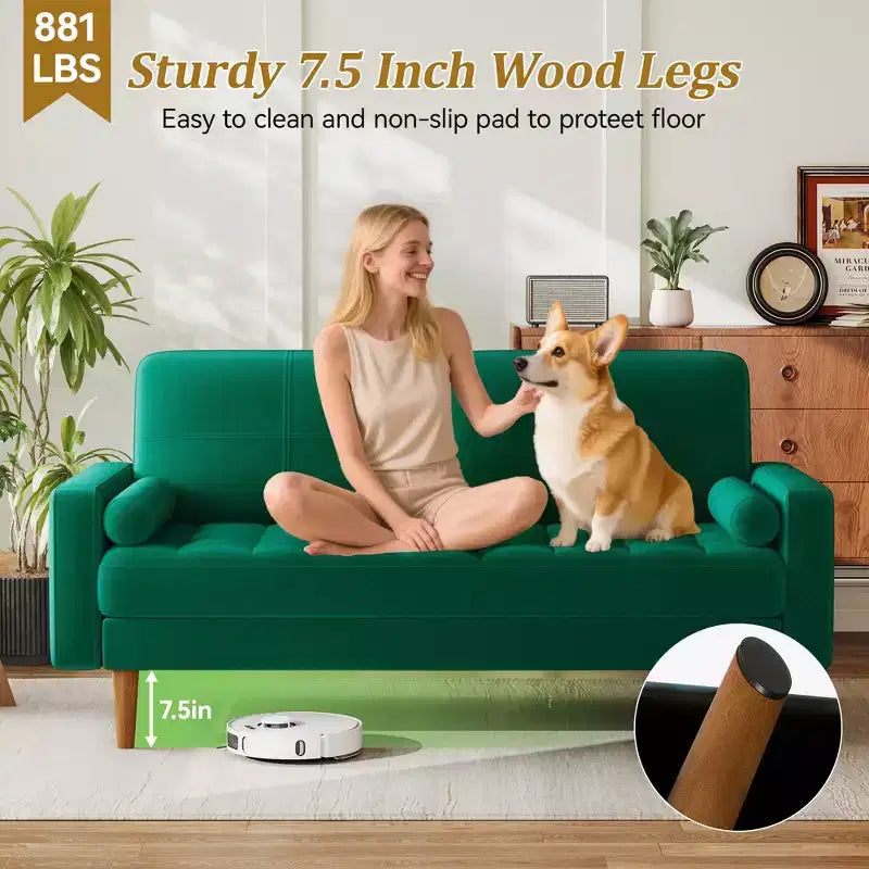 Divano 2 posti in velluto 67, divano moderno di metà secolo con gambe in legno massello beige