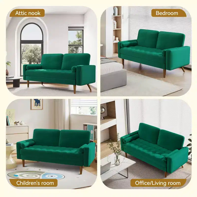 Divano 2 posti in velluto 67, divano moderno di metà secolo con gambe in legno massello beige