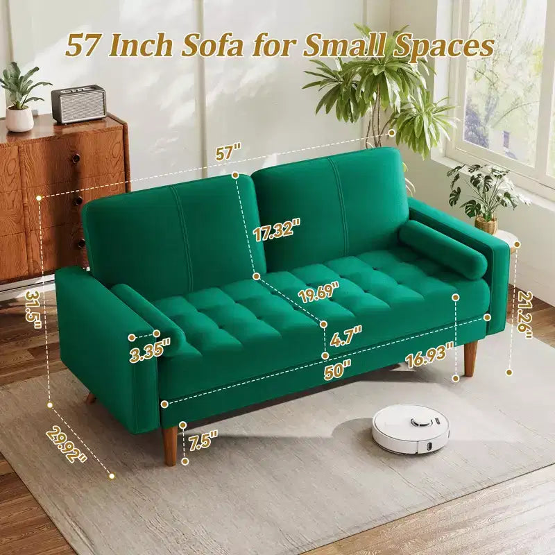 Divano 2 posti in velluto 67, divano moderno di metà secolo con gambe in legno massello beige