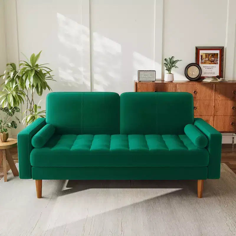 Divano 2 posti in velluto 67, divano moderno di metà secolo con gambe in legno massello beige