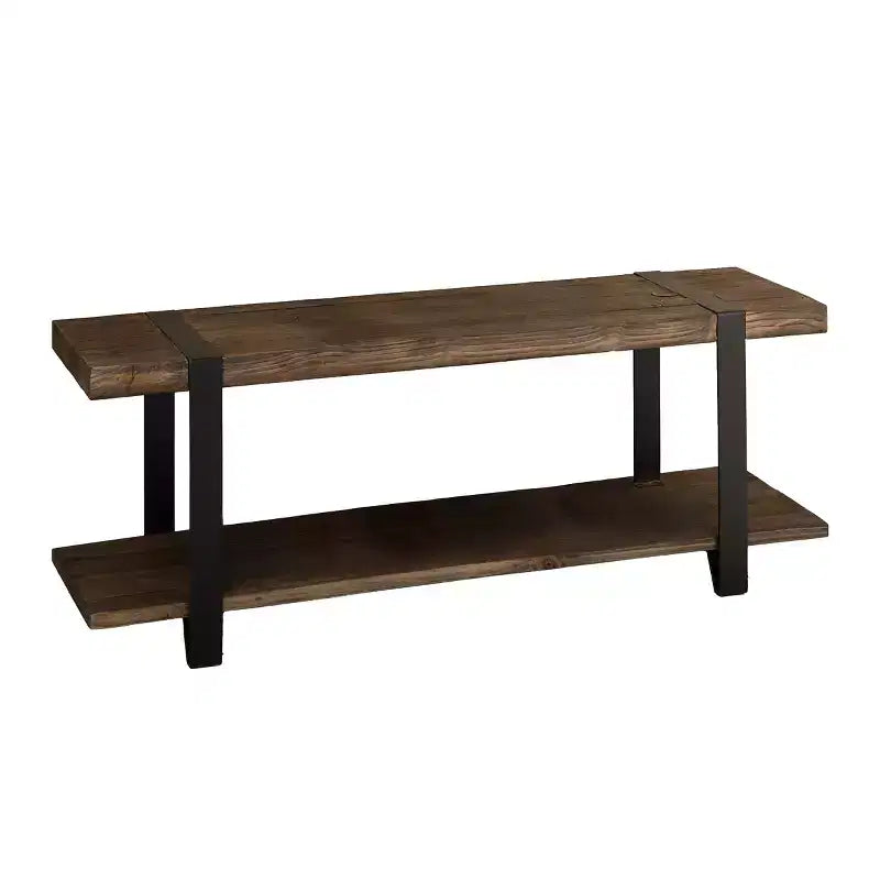 Panca da ingresso in legno massello da 48 pollici con ripiano, finitura rustica naturale con gambe in metallo nero e cinghie decorative