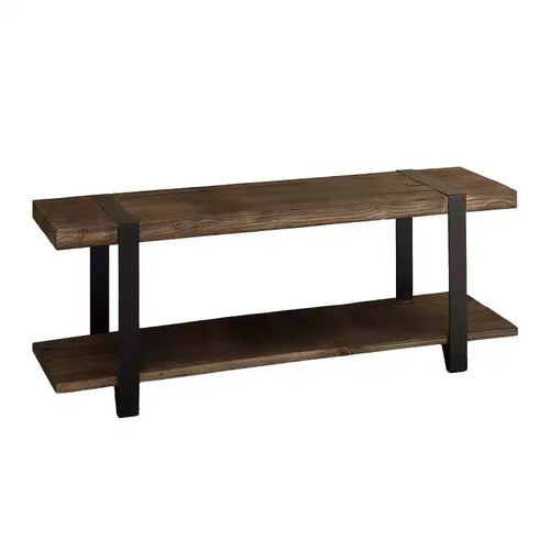 Panca da ingresso in legno massello da 48 pollici con ripiano, finitura rustica naturale con gambe in metallo nero e cinghie decorative