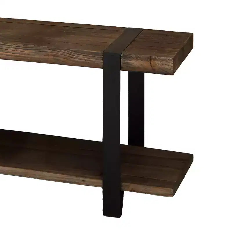 Panca da ingresso in legno massello da 48 pollici con ripiano, finitura rustica naturale con gambe in metallo nero e cinghie decorative