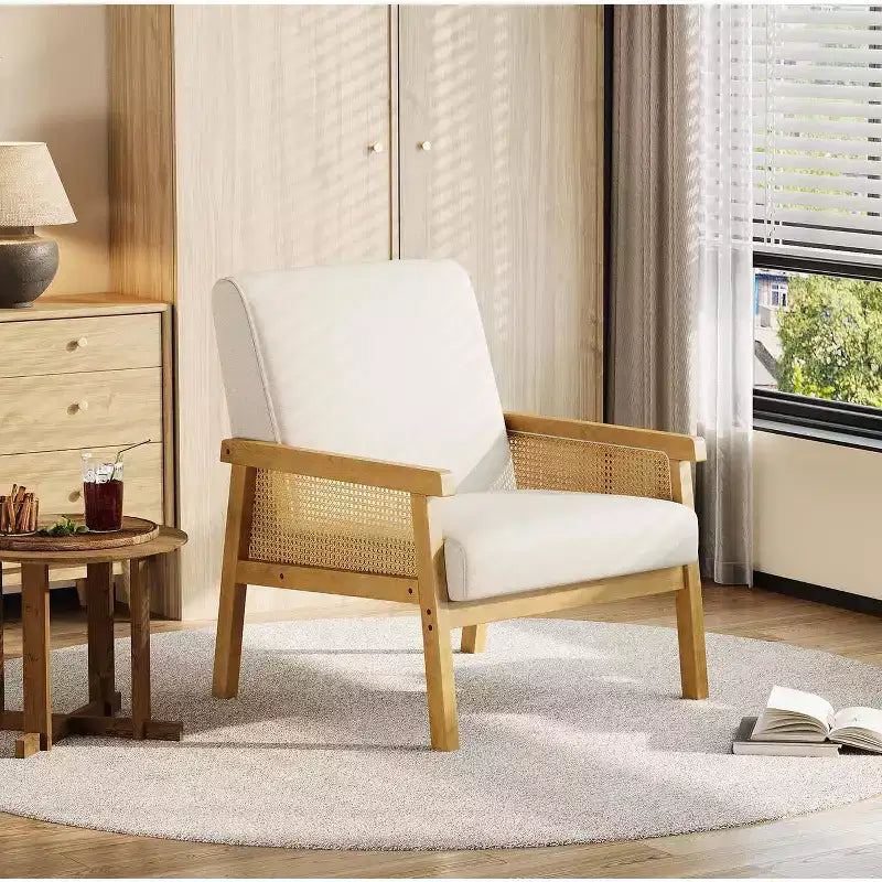 Poltrona in Rattan, Sedia a Braccioli ad Alto Schienale con Struttura in Legno, Poltrona Relax da Lettura per Casa e Sala d'Attesa