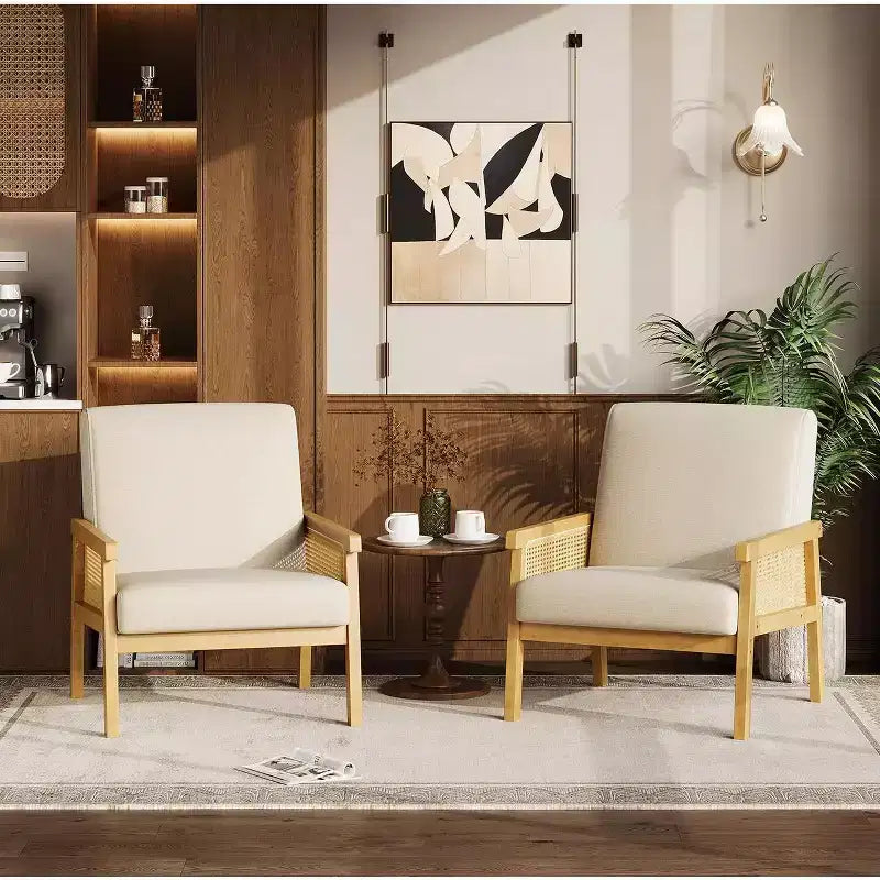 Poltrona in Rattan, Sedia a Braccioli ad Alto Schienale con Struttura in Legno, Poltrona Relax da Lettura per Casa e Sala d'Attesa
