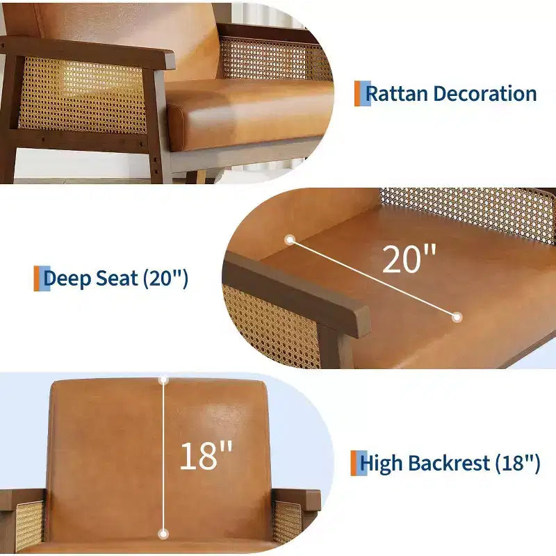 Poltrona in Rattan, Sedia a Braccioli ad Alto Schienale con Struttura in Legno, Poltrona Relax da Lettura per Casa e Sala d'Attesa