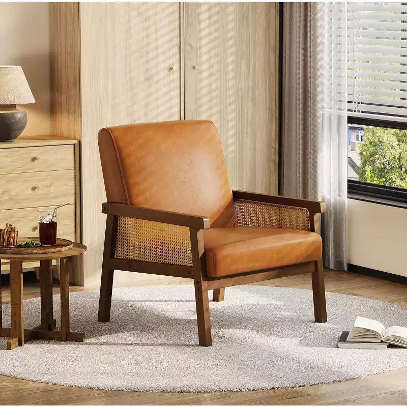 Poltrona in Rattan, Sedia a Braccioli ad Alto Schienale con Struttura in Legno, Poltrona Relax da Lettura per Casa e Sala d'Attesa