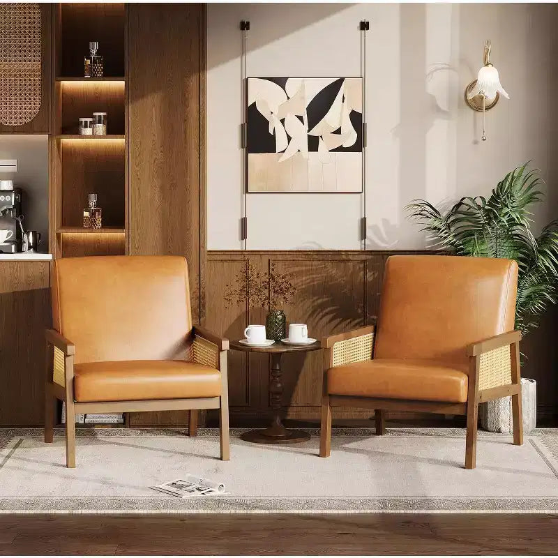 Poltrona in Rattan, Sedia a Braccioli ad Alto Schienale con Struttura in Legno, Poltrona Relax da Lettura per Casa e Sala d'Attesa