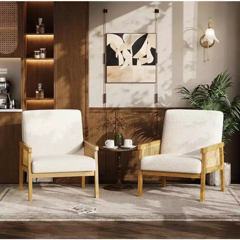 Poltrona in Rattan, Sedia a Braccioli ad Alto Schienale con Struttura in Legno, Poltrona Relax da Lettura per Casa e Sala d'Attesa