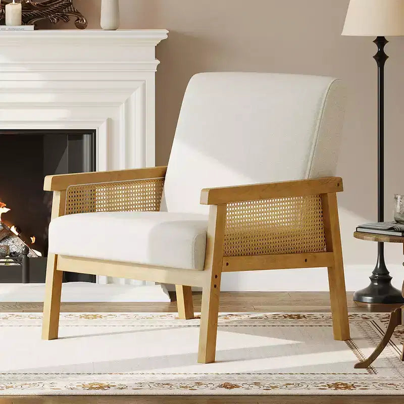 Poltrona in Rattan, Sedia a Braccioli ad Alto Schienale con Struttura in Legno, Poltrona Relax da Lettura per Casa e Sala d'Attesa