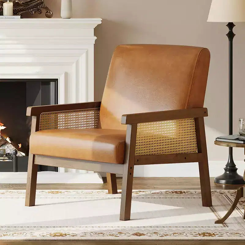 Poltrona in Rattan, Sedia a Braccioli ad Alto Schienale con Struttura in Legno, Poltrona Relax da Lettura per Casa e Sala d'Attesa