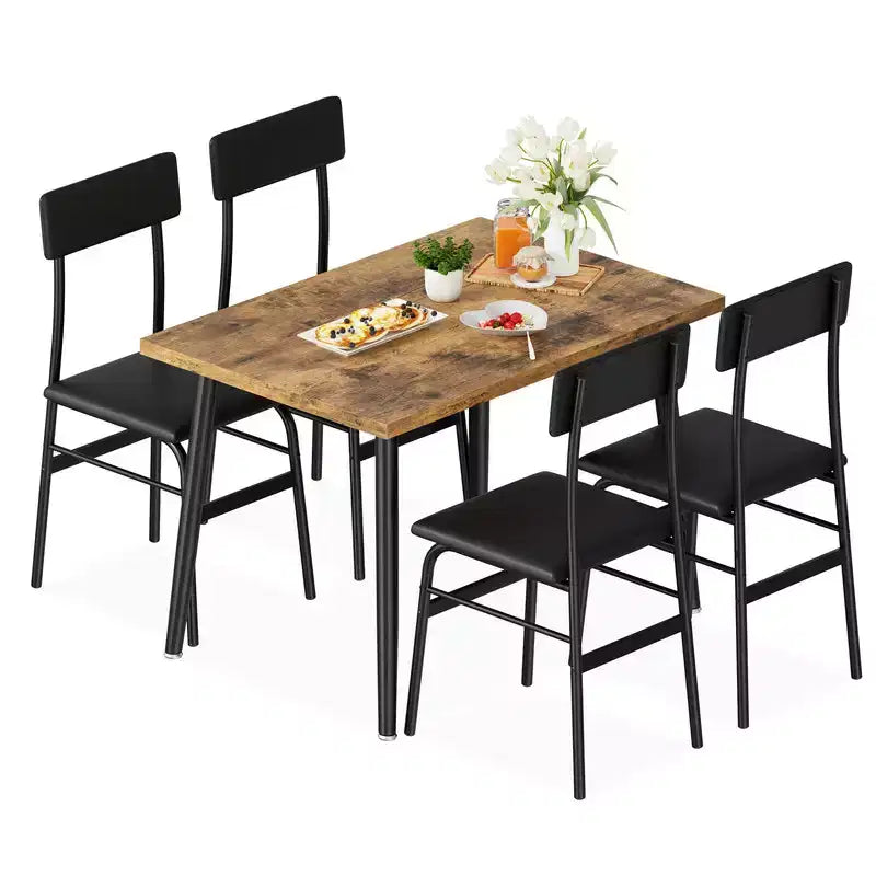 Dining Table Set for 4, 5 Piece Kitchen Table Set with 4 Upholstered Chairs, Ideal for Small Space, Dining Room, Apartment, Restaurant