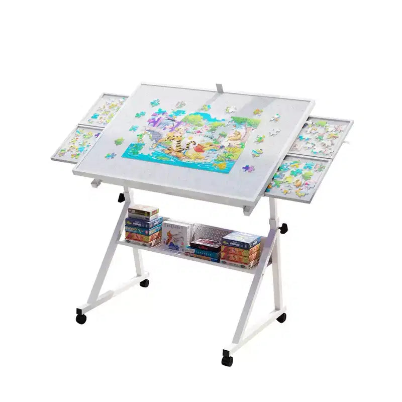 Tavolo da tavolo per puzzle in metallo e legno moderno con 4 vassoi
