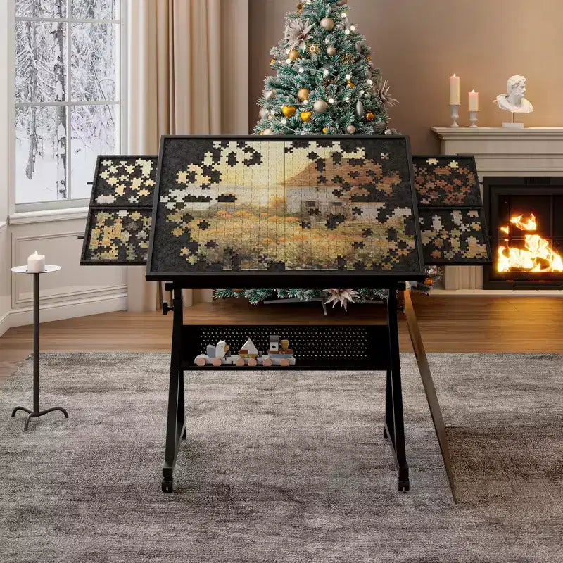 Tavolo da tavolo per puzzle in metallo e legno moderno con 4 vassoi
