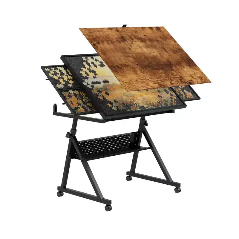 Tavolo da tavolo per puzzle in metallo e legno moderno con 4 vassoi