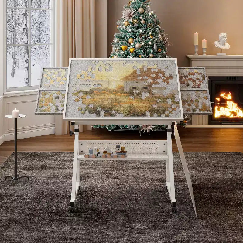 Tavolo da tavolo per puzzle in metallo e legno moderno con 4 vassoi