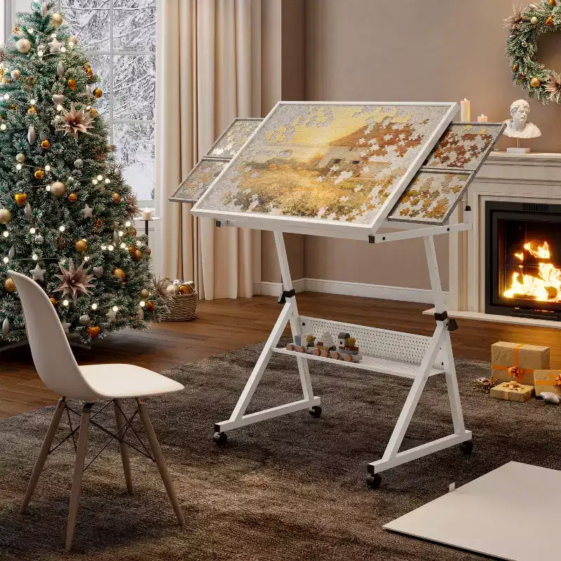 Tavolo da tavolo per puzzle in metallo e legno moderno con 4 vassoi