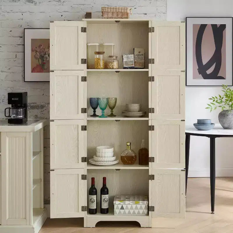 Credenza alta con 8 ante, dispensa da cucina in legno alta 183 cm con 4 ripiani, libreria a 4 livelli autoportante